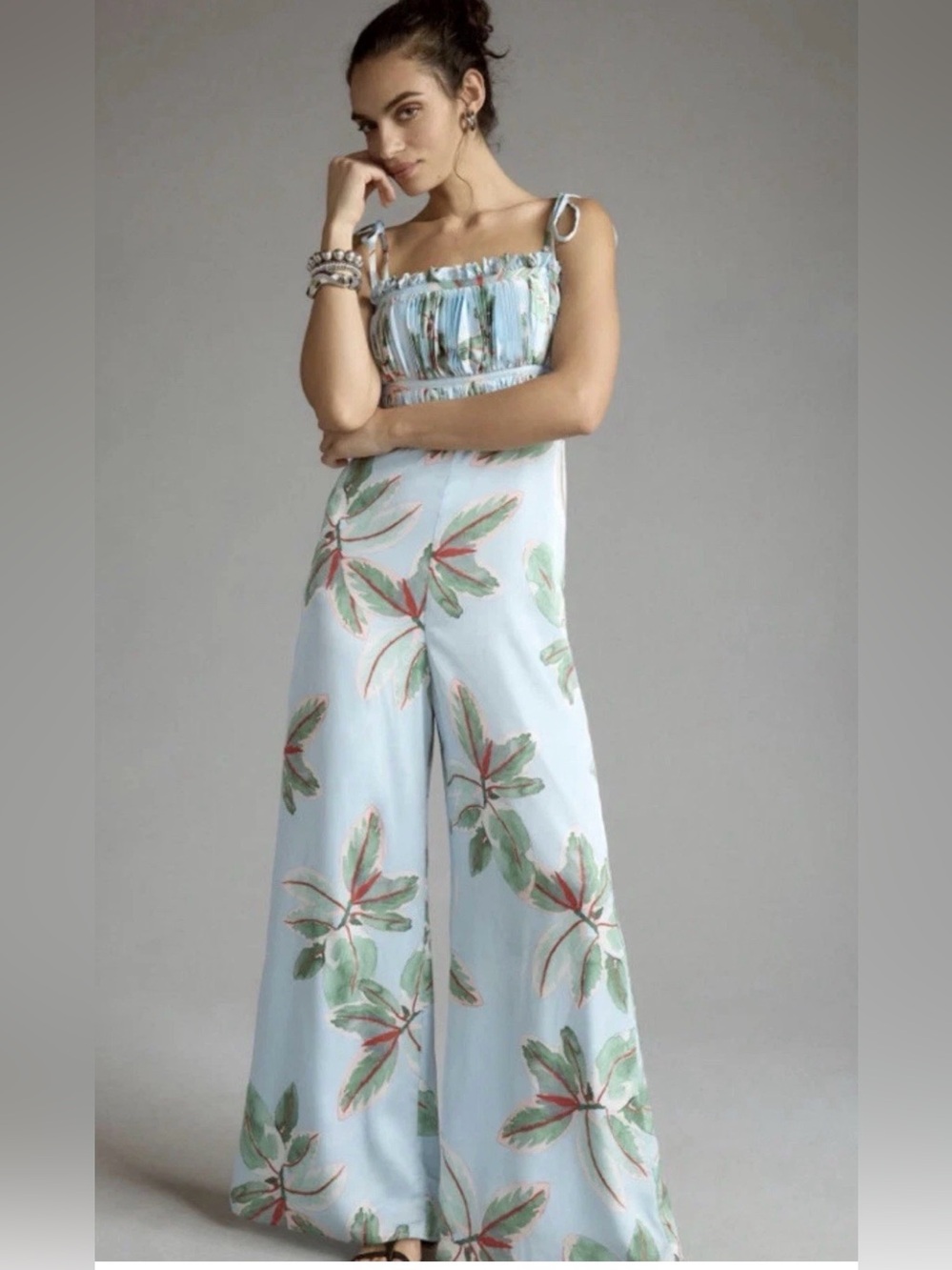 New Anthropologie Hutch Ruched Floral Wide Leg Pleated Blue Jumpsuit Size 10